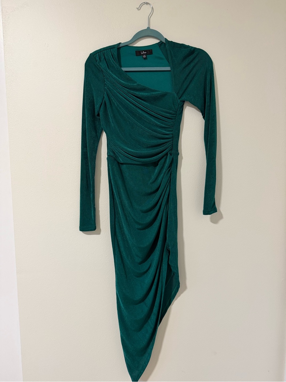 Lulu's Emerald Green Long Sleeve Draped Asymmetric Dress